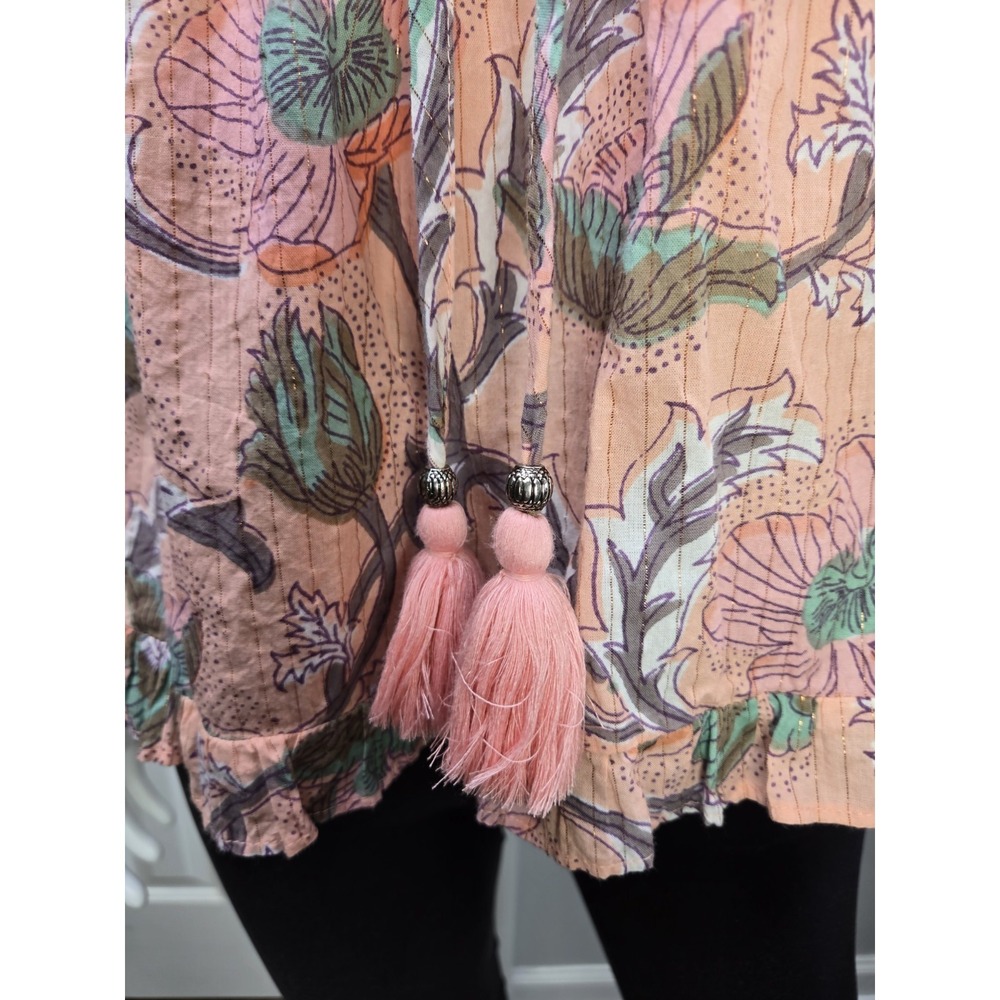 Ivy Jane Shimmer Ruffle V Neck‎ Blouse Top Peach Floral XS Tassel Accent - Picture 3 of 11